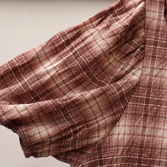 Eden & Olivia Ivory/Berry Plaid Button-Up Blouse With Ruffle Collar - Size L - Picture 10 of 14